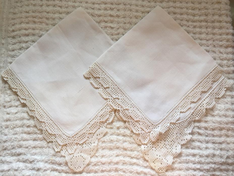 2 Vintage Linen and Crocheted Napkins 16 x 16