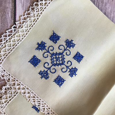 Vintage Hand Embroidered In Blue Pale Green Linen Luncheon Napkins Lot Set 4