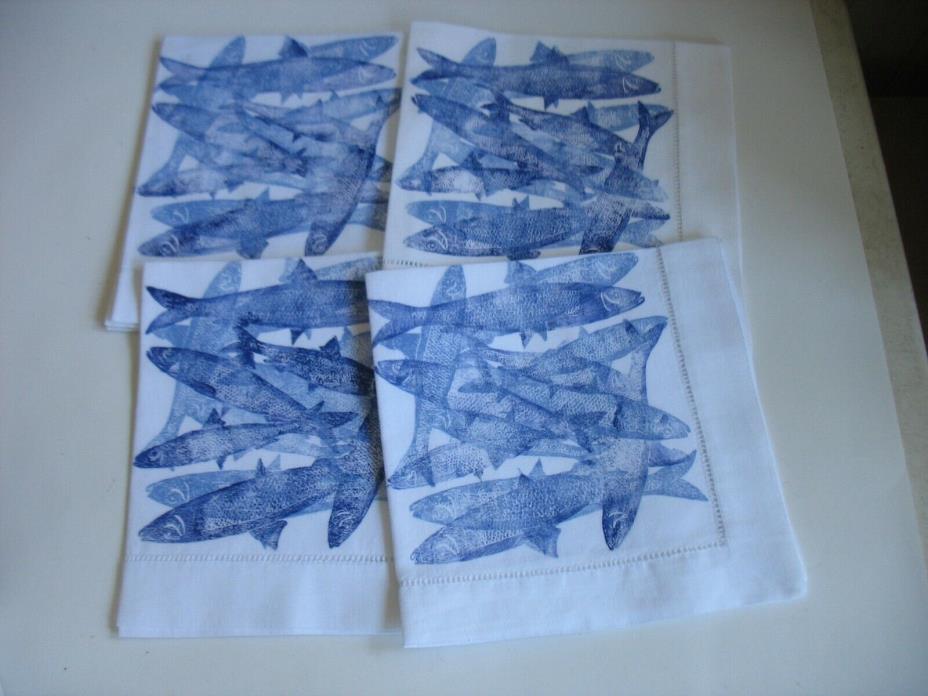 set/ 5 NEW printed fish on white linen napkins 18