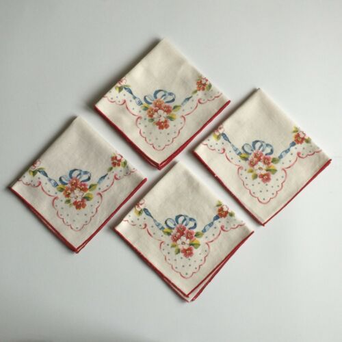 4 Vtg Red Floral Bouquet Blue Ribbon Printed Cloth Napkins