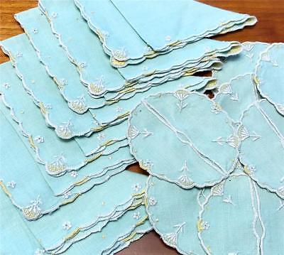 8 Vintage Linen Cocktail Napkins & Wine Slippers Coasters mint green