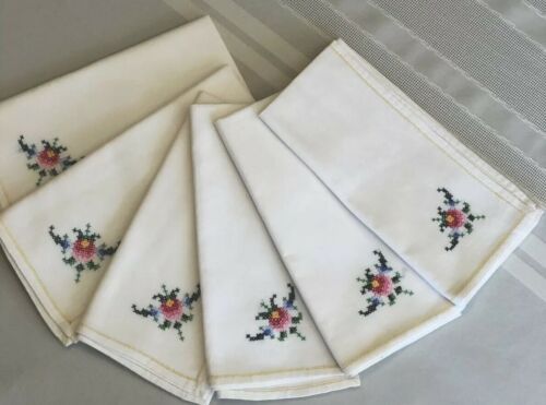 White Cotton Cross Stitch Multi Color Flowers Yellow Pulled Edge -6 Napkins VTG