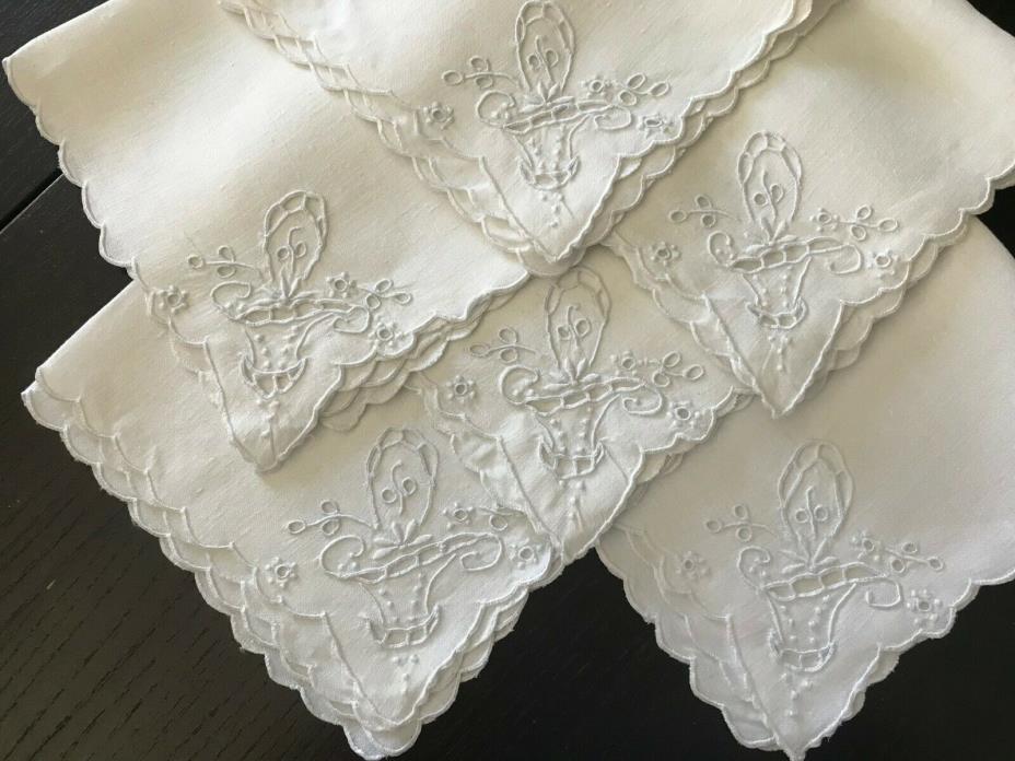6 Vintage Madeira Napkins Bridal Basket Wedding Embroidery Fine Flax Linen