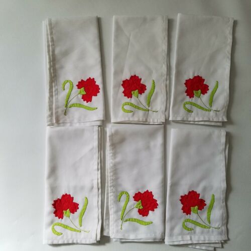 6 Cotton Napkins White with Bright Red & Green Flower Applique