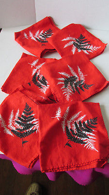 Linen Napkins~Set of 6 Bright Red With Black & White Ferns ~ 17