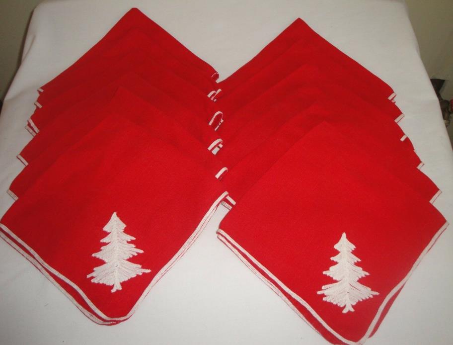 Set of 12 Red Table Napkins Embroidered Tree Design  Used Permapress