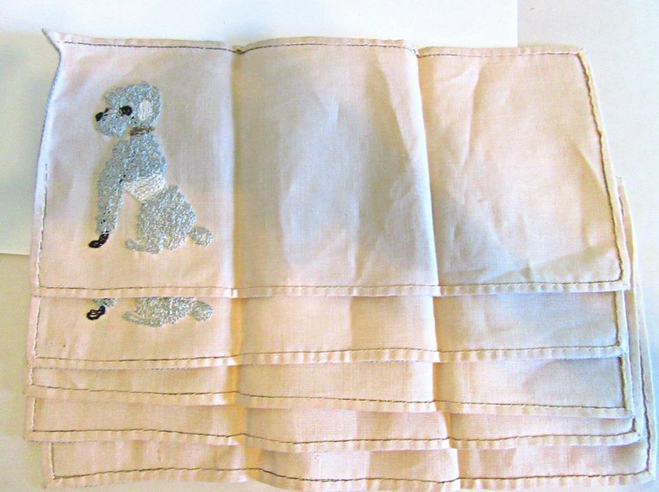 MID CENTURY LINEN NAPKINS SET OF FIVE PINK AND GRAY POODLES EMBROIDERED VINTAGE