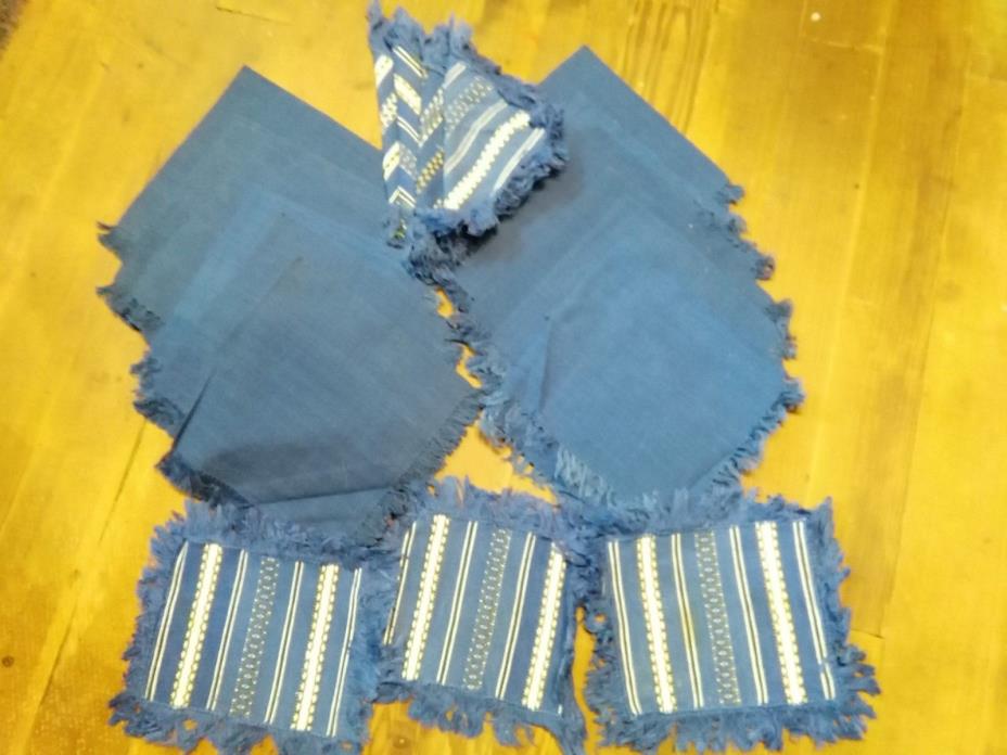 Vintage Hungarian HUNGARY Napkin Set Blue Woven Stripes Solid Lot of 19 Fringe