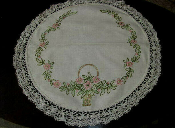 Basket of Flowers~20s Antique Hand Embroidered Tablecloth Topper~27