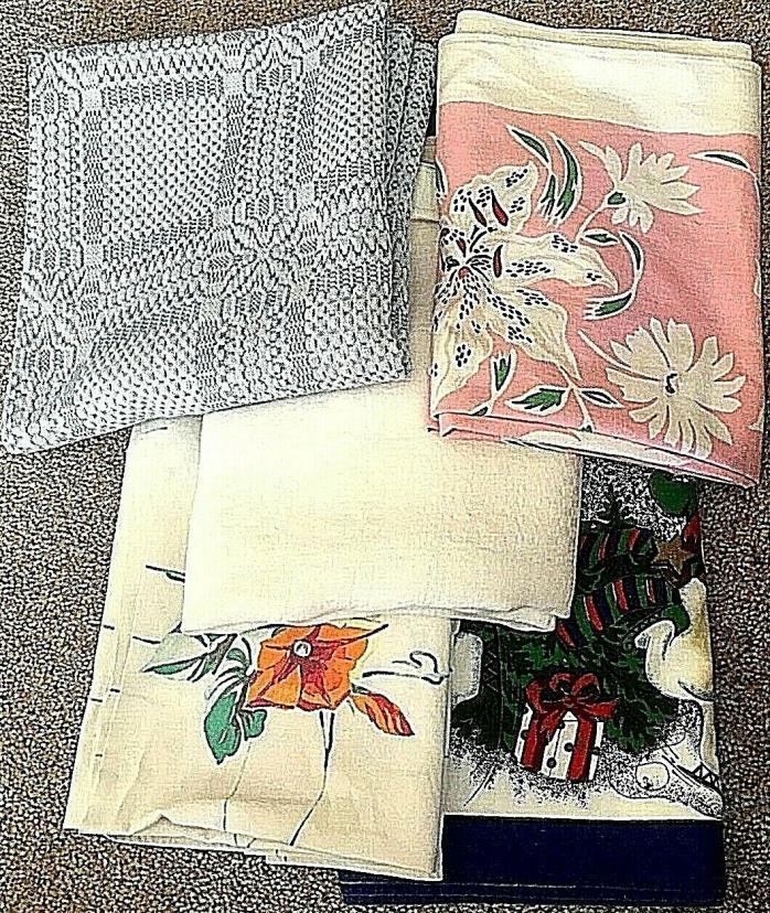 Lot of 5 Vintage Tablecloths, Florals, White, Christmas, Assorted Sizes - NICE