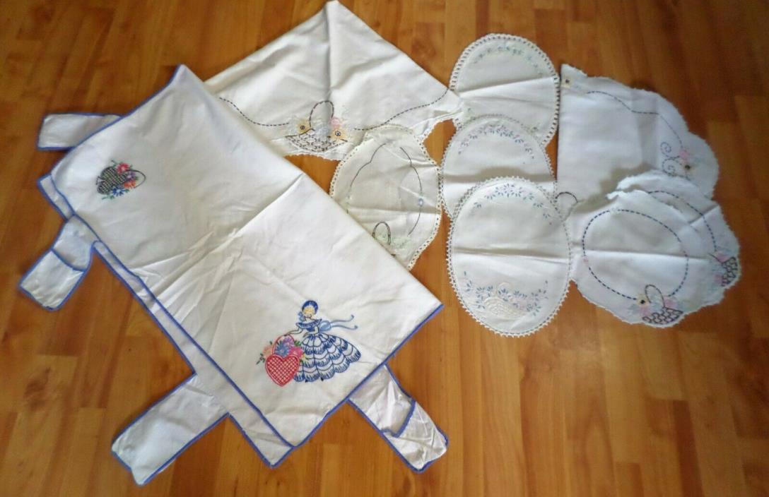 Lot Vintage Embroidered Linens Flower Basket Design Tablecloth Doily Sets 9