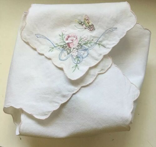 Vintage Hand-Embroidered Bread Basket Cover Cloth Napkin Rose Butterfly