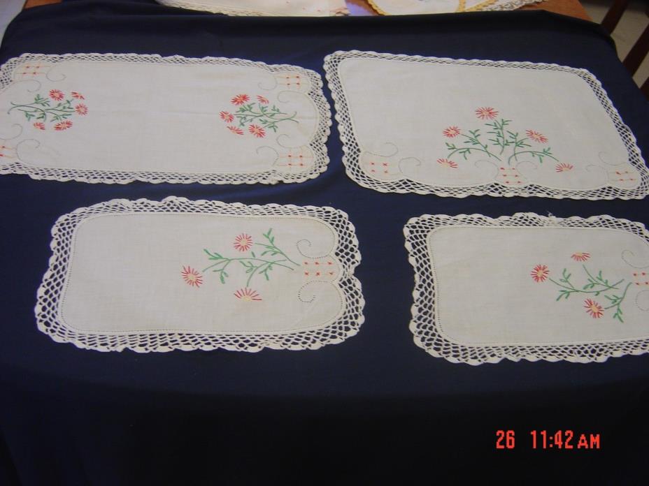 4 Small Hand Embroidered  Table Doilies with Crocheted Edge EMBROIDERED FLOWERS