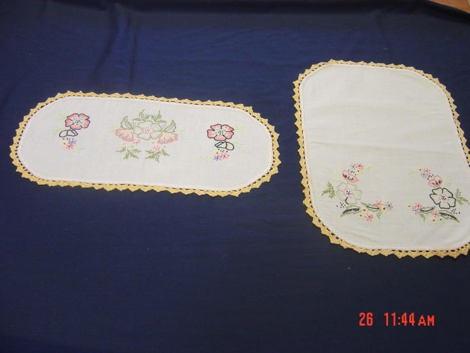 2 Small Hand Embroidered  Table Doilies with Crocheted Edge EMBROIDERED FLOWERS