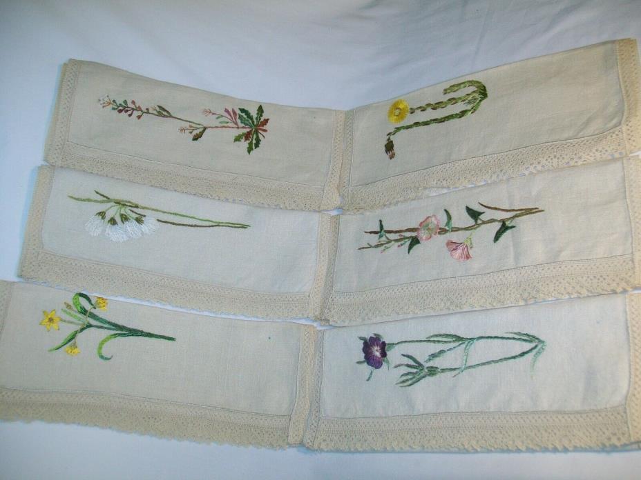 VINTAGE HAND EMBROIDERED SET OF 6 WILDFLOWER LINE PLACEMATS EXCEL.