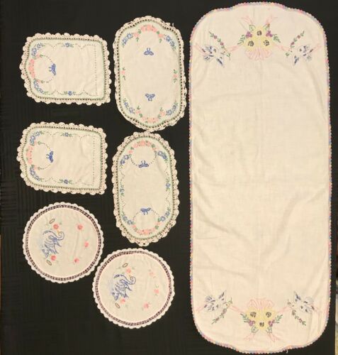 Lot of 7 Antique VTG Hand Embroidered Crocheted Edge Cotton Dresser Linen Set