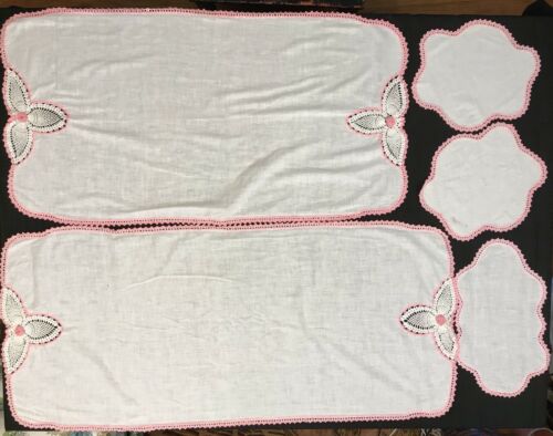 Lot of 5 Antique VTG Hand Embroidered Crocheted Edge Cotton Dresser Linen Pink