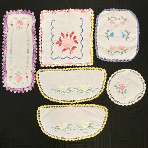 Lot of 6 Antique VTG Hand Embroidered Crocheted Edge Colorful Cotton Linen