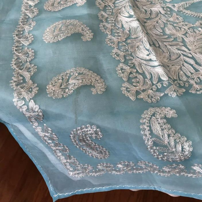 2 SHEER AQUA ORGANZA TABLECLOTH TABLE TOPPER & 12 NAPKINS INDIA SILVER THREAD