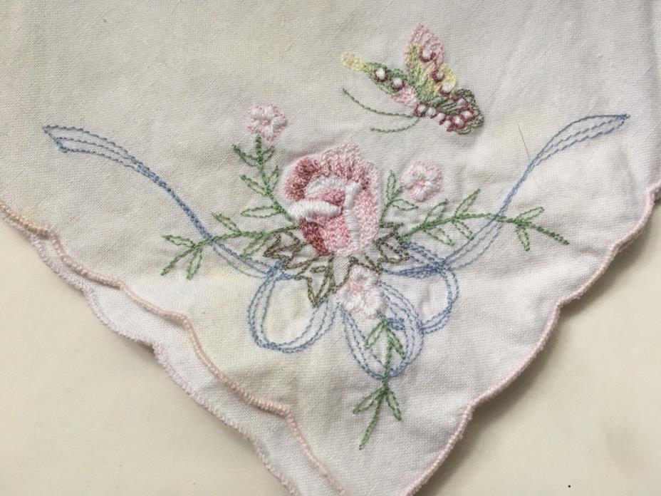 Vintage Hand-Embroidered Bread Basket Cloth Napkin Rose Butterfly