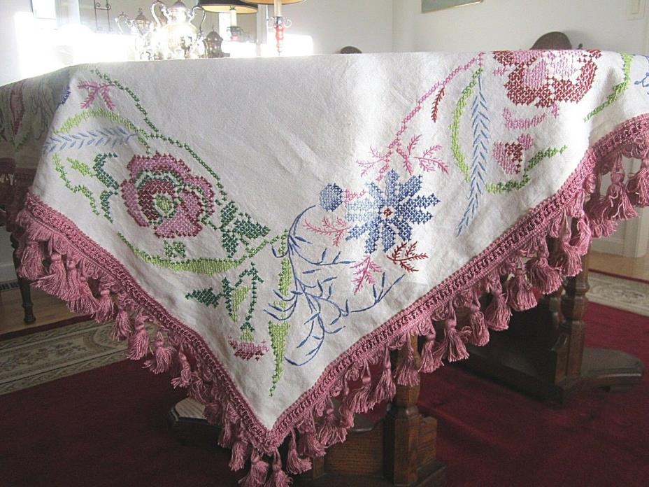 HAND EMBROIDERED LINEN TABLECLOTH~70” X 50” CROSS-STITCH & LUSH FRINGE