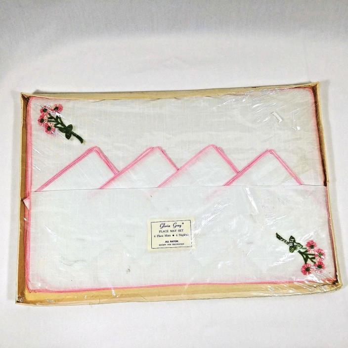 Place Mat Set With Napkins Gloria Gray NEW Vintage Pink Floral Rayon