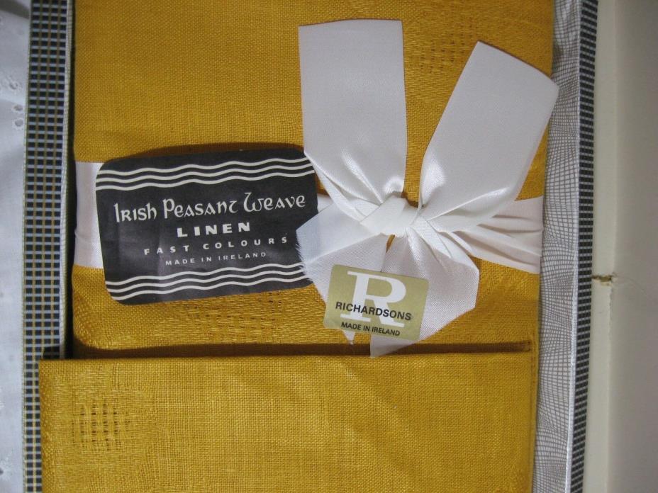 Richardsons Irish Peasant Weave 64X84 Gold color Linen Table Cloth w/8 napkins