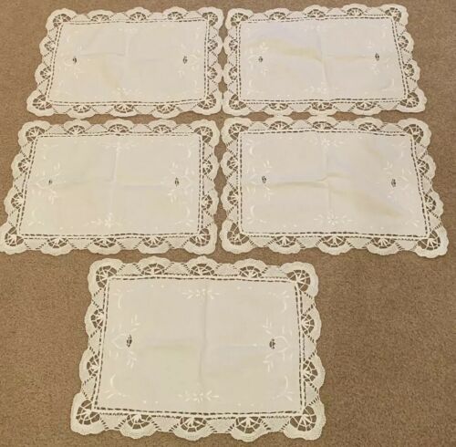 Vintage Set of 5 Pure White Cotton And Crochet Embroidered Placemats