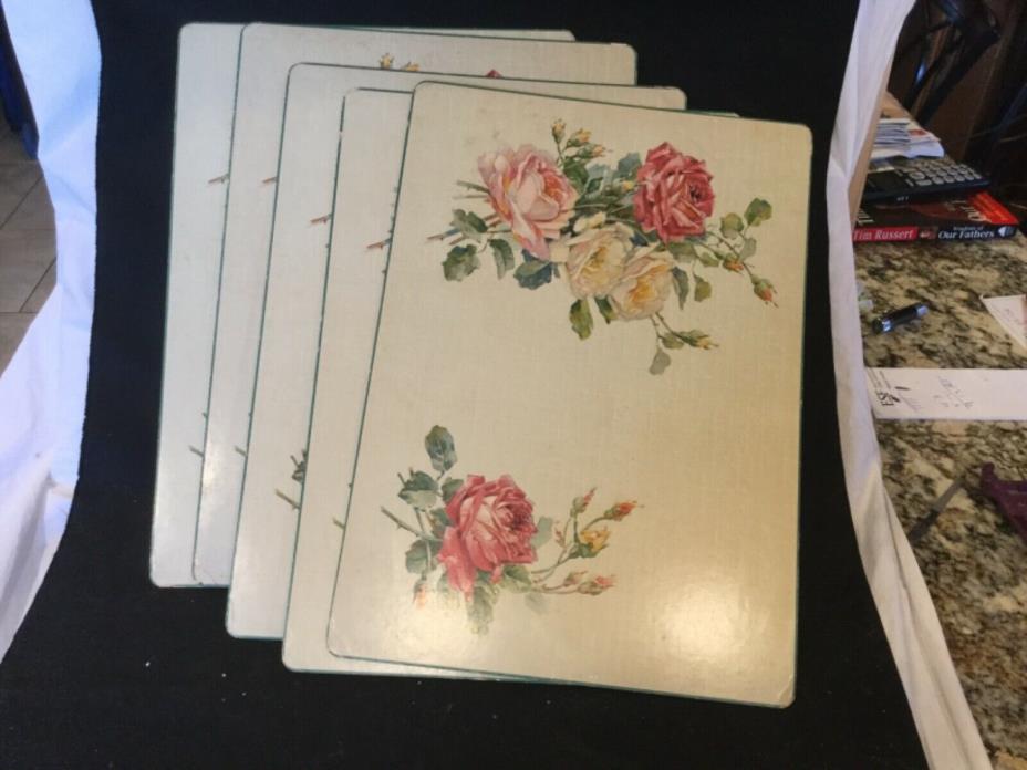 Vintage Set of 5 Placemats, Floral Design,Cork Back, 16” x 11.5”