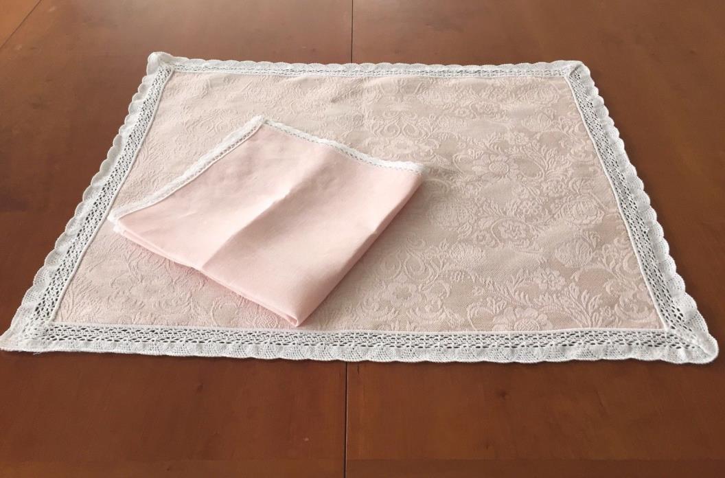 Set of 2 Pale Pink Vintage Linen Damask Placemats & Napkins Crochet Lace Border