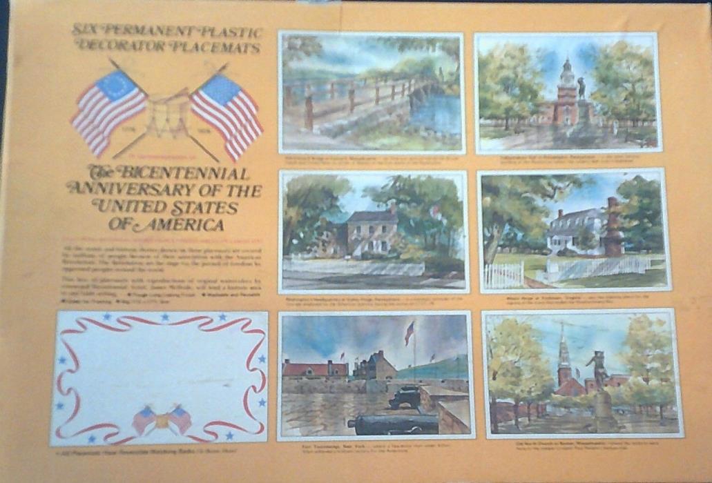 SIX BICENTENNIAL UNITED STATES OF AMERICA PERMANENT PLASTIC DECORATIVE PLACEMATS