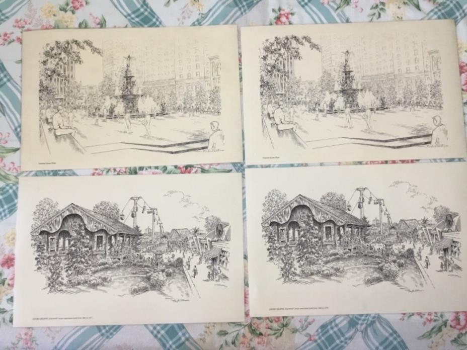 4 Vintg Cinti Ohio Historic Laminated Prints Placemats -signed Caroline Williams