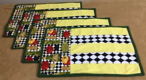 Four Patchwork Quilt Placemats, Hand Made, Rectangle Patches, Vegetables, Checks
