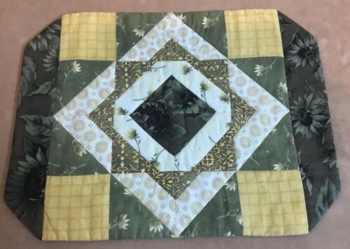 Patchwork Placemat Or Table Pad, Rectangles, Triangles, Squares, Florals, Green