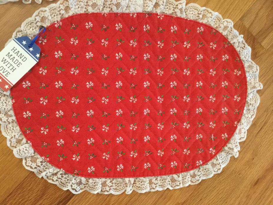 Quilted table mats with white lace trim, 19 x 13 with trim, new, hand made, poly