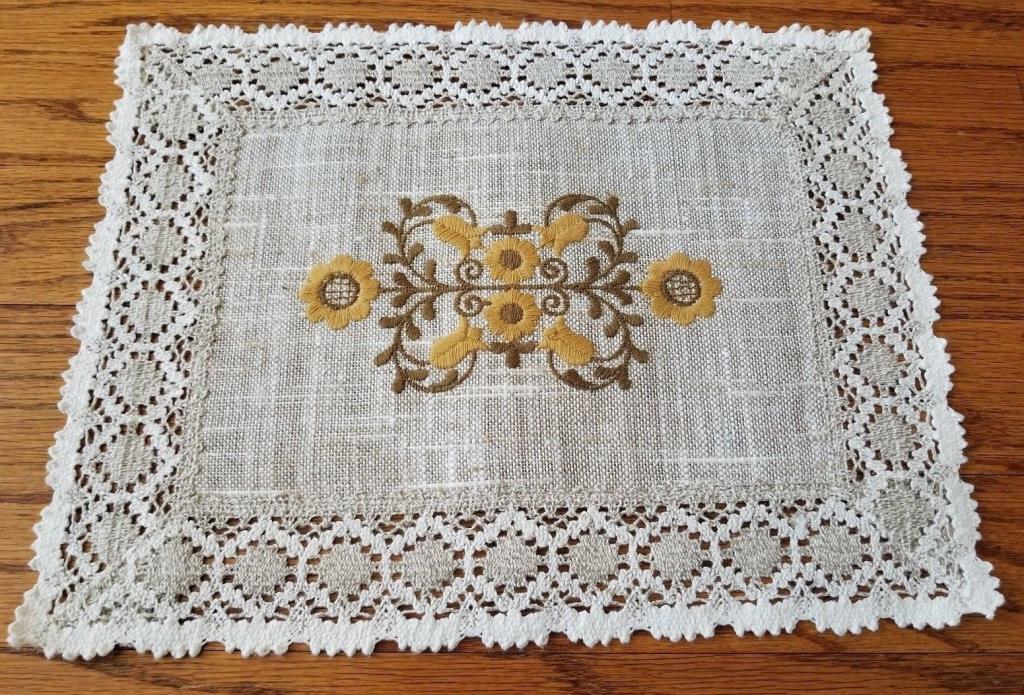 SET OF 6 Ubelhor Austrian Linen Table Placements Tan Stitched Floral Yellow