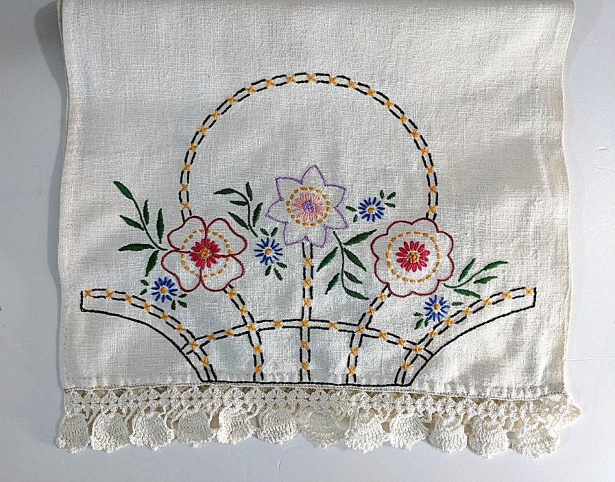 Vintage Embroidered Table Runner Dresser Scarf Linen Flower Basket Crochet Edge