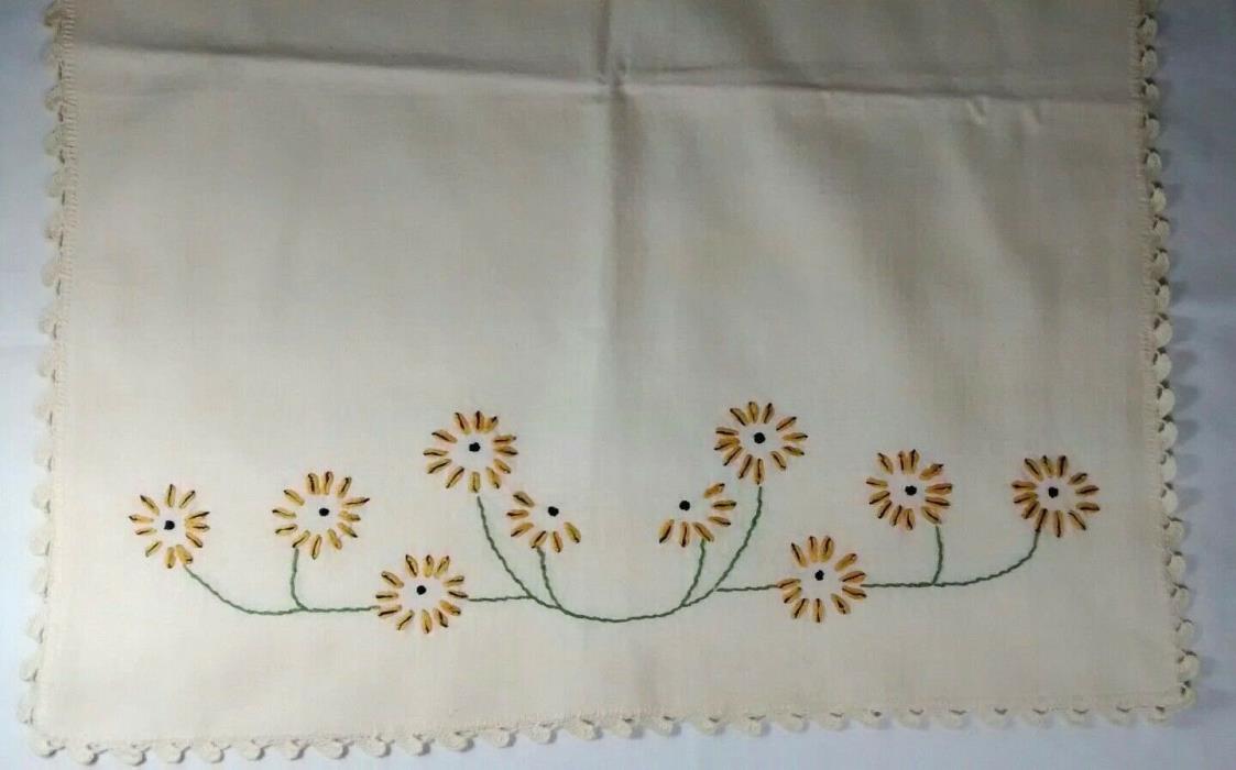 Vintage Handmade Embroidered Daisy Crocheted Edge Table Runner Doily 39 x 17