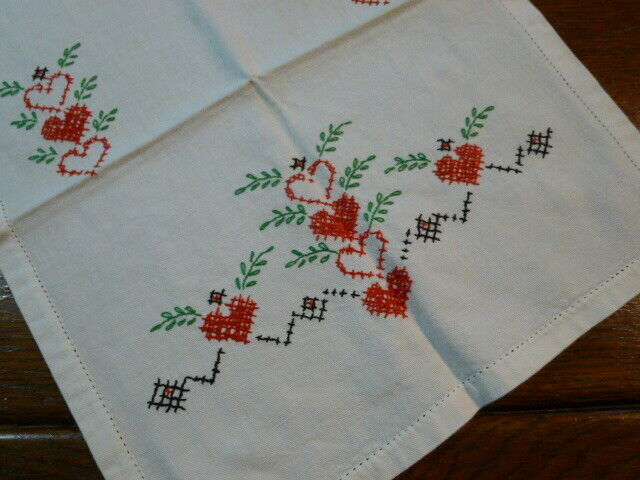 Vintage Hand Embroidered Cotton Table Runner Dresser Scarf Cross Stitch Hearts