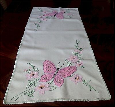 Lovely Vintage Light Green Linen Runner Big Pink Embroidered Butterfly Floral