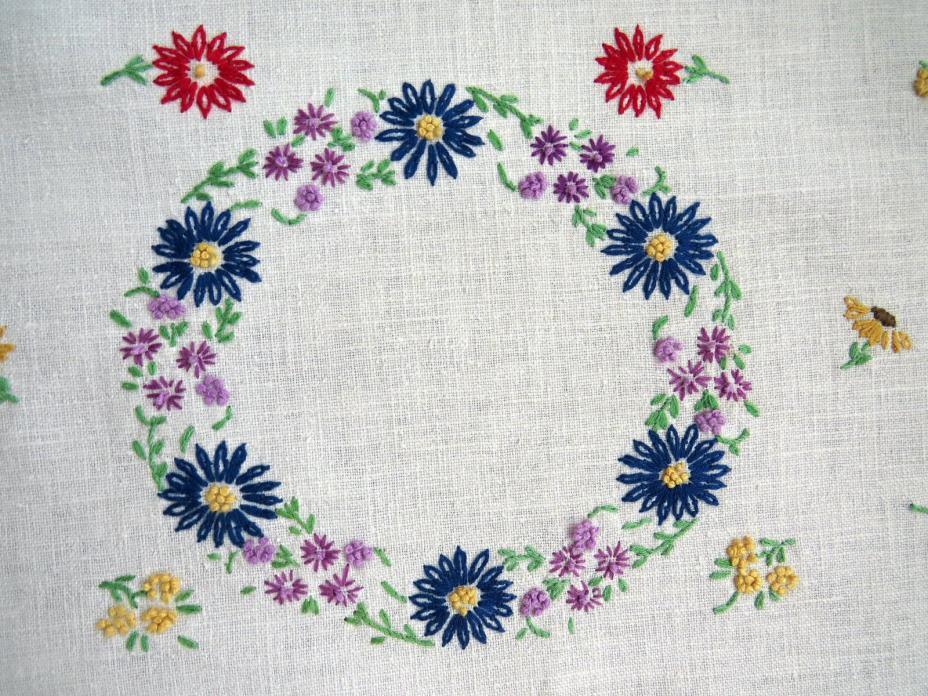 Vintage Hand Embroidered Floral Dresser Scarf Linen Table Runner Ring of Flowers