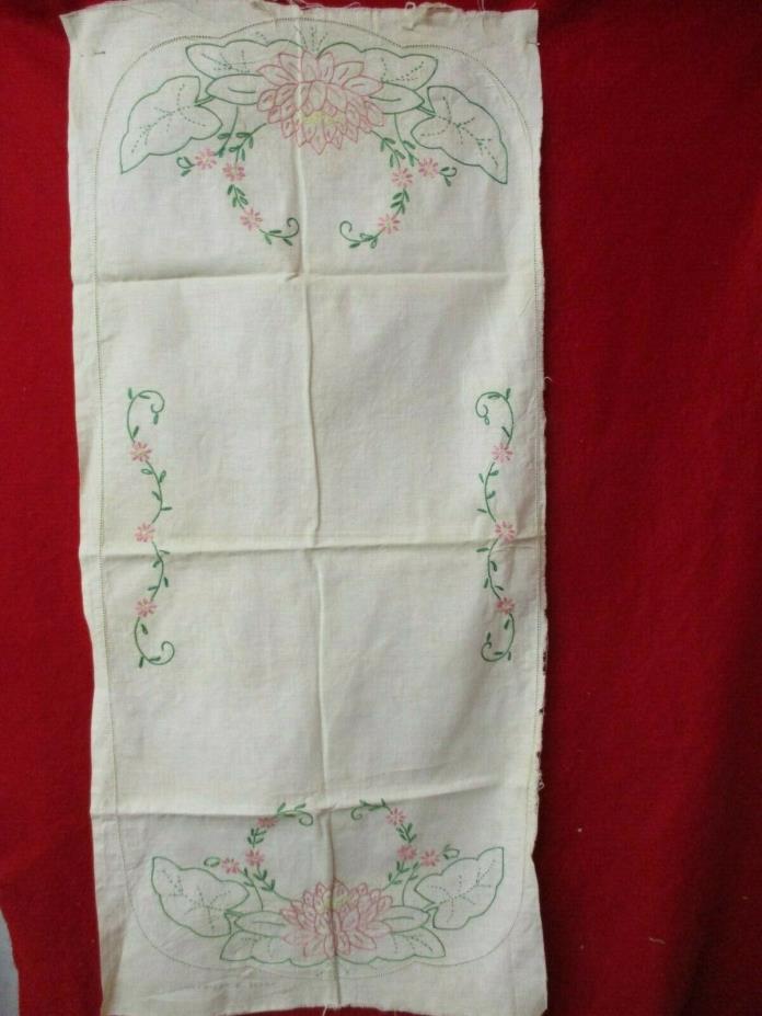 Vintage linen Table Runner Dresser Scarf Embroidered Water Lilies to be finished