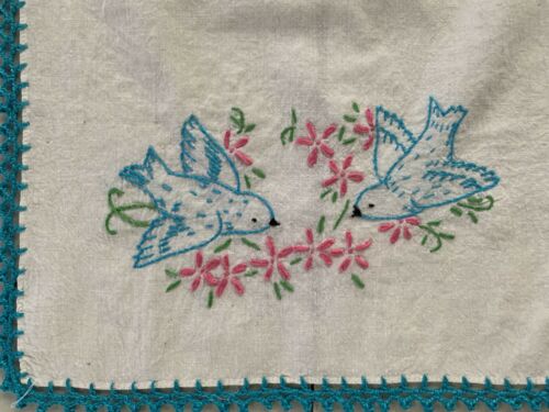 Vintage Embroidered Table Runner, Dresser Scarf With Blue Birds