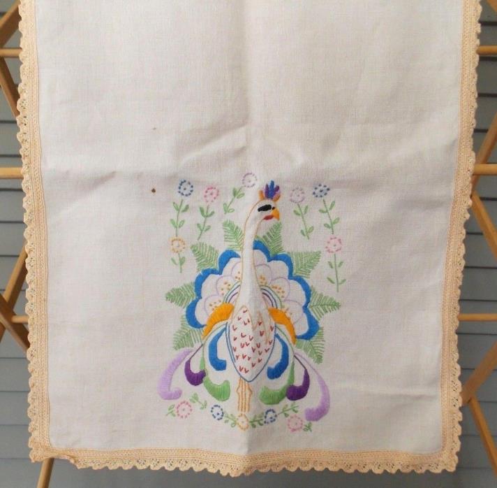 Vintage Dresser Scarf Table Runner Doily Bird Peacock Flowers Crochet Trim #181