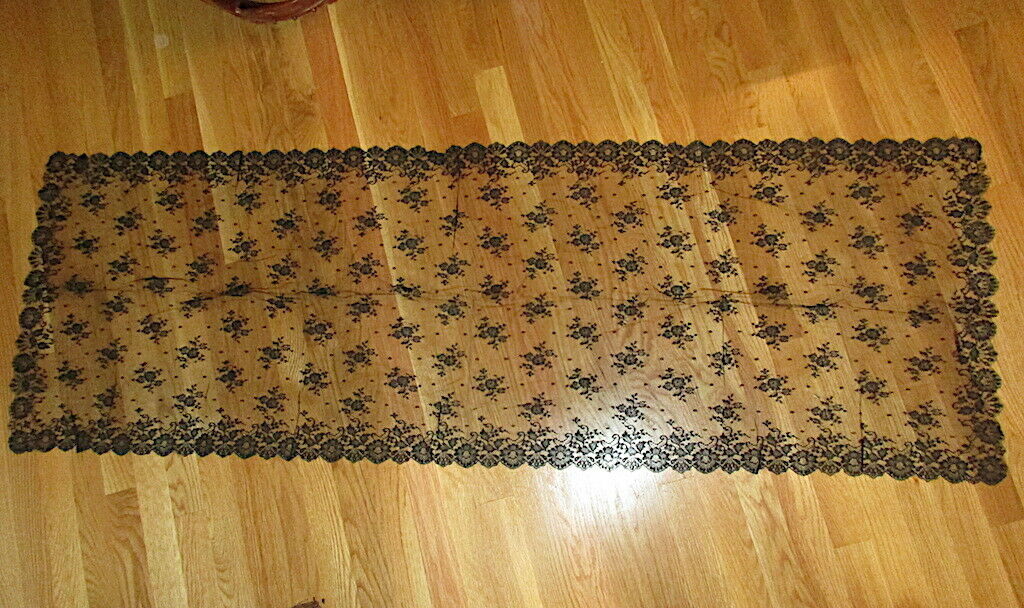 Vintage Black Lace Net Table Runner Goth Church Altar Cloth Lace Fabric 23