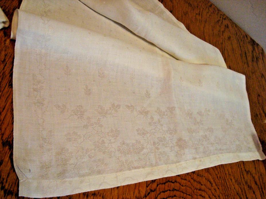 Vintage white flax LINEN dresser scarf, runner jacquard climbing roses