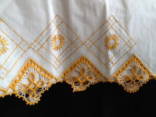 Vintage Table Runner Hand Embroidered Gold And Ivory 72x23 Inch Long Embrodiery