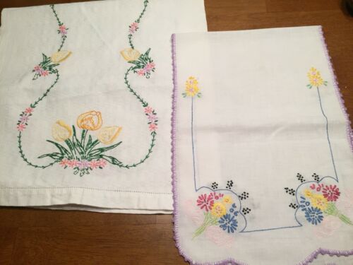 Vtg Dresser Scarves Table Runner Floral Embroidery Crochet Excellent Lot of 2