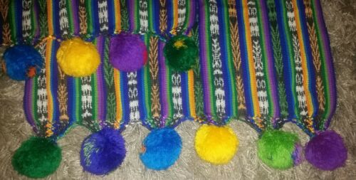 Vibrant Color Ethnic Color Decor w/ Large Pom Pom Balls ~ Table or Couch Runner