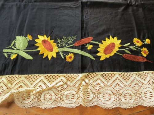 vtg 1930's Embroidered Yellow Sunflower Silk Table Runner Black Lace edge 60